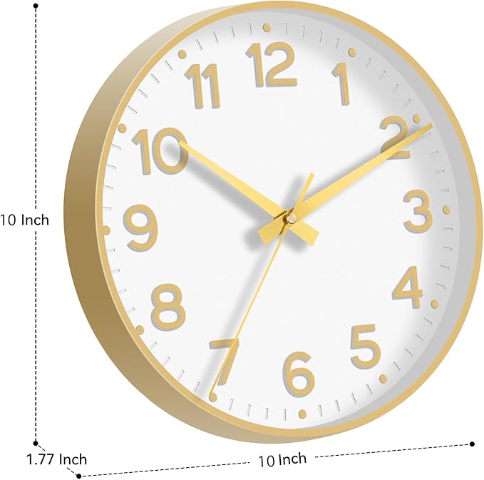 Wall Clock, 10 Inch Silent Wall Clocks Battery Operated-Modern Non Ticking Analog Clock Decorative for Kitchen Bedroom Office Bathroom(White Gold)
