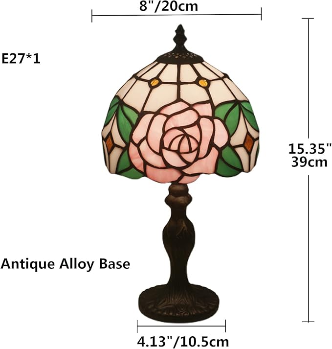 8" Tiffany Style Pink Rose Lamp,Tiffany Style Table Lamp for Girl Bedroom Bedside Lamps,Stained Glass Lamp,Lover Girlfriend Gift