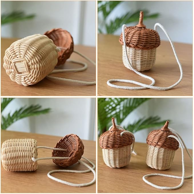 Cute Acorn Basket with Lid: Acorn Shaped Basket Shoulder Bag Hand Woven Rattan Storage Baskets Decorative Picnic Baskets Wicker Crossbody Bag for Girls Women