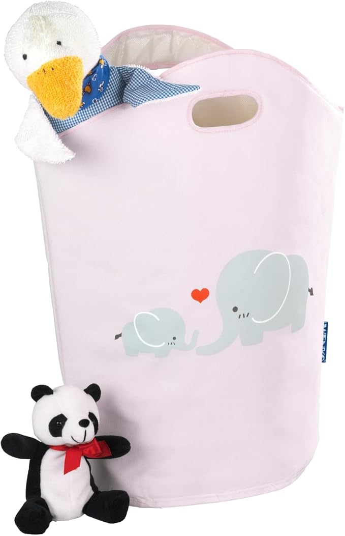 WENKO Kids Laundry Hamper, Baby Hamper for Nursery, Baby Basket for Dirty Clothes, Elephant Nursery Hamper, Toy Basket with Handles, Pink Laundry Bin, 15.7 x 20.5 x 7.9 inch