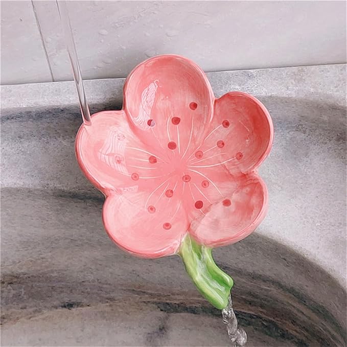 Ankah Decorative Ceramic Soap Box, Flower Shape Soap Dish, Self-Draining to Keep Dry Stop Mushy Soap Holder, Easy Cleaning, Best for Shower Bathroom and Kitchen (Peach Blossom, Pink)