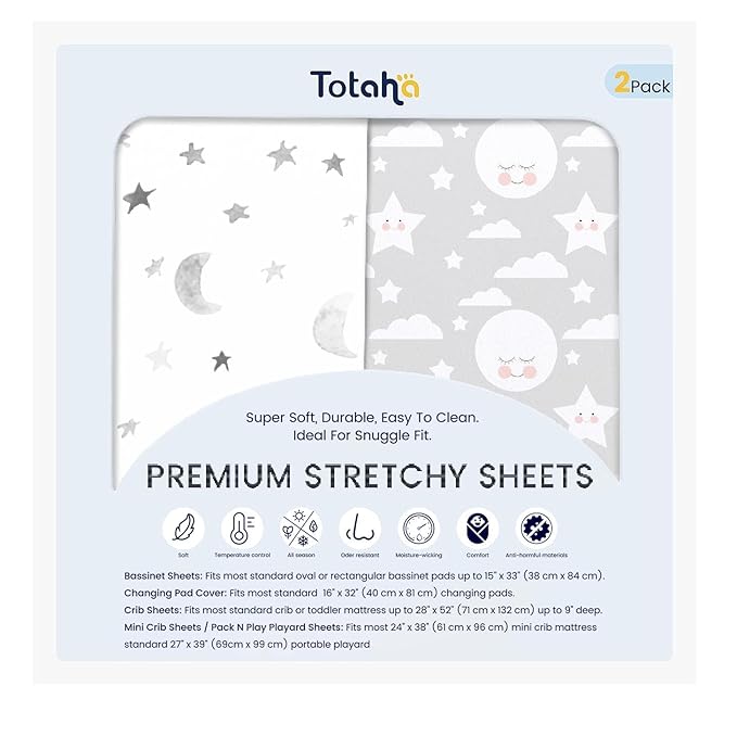 TotAha Premium Stretchy Crib Sheets (2-Pack)-Hypoallergenic, Silky Comfort, Buttery Soft, Calming Effect, All-Season Jersey-Knit Sheets, 9'' Extra Deep Pocket, Moon & Grey Sky