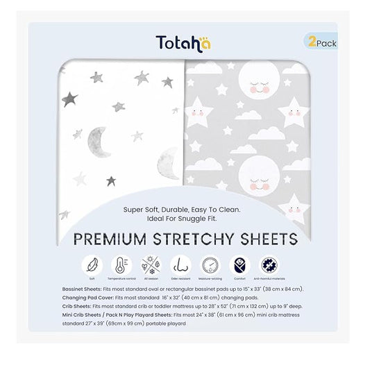 TotAha Premium Stretchy Crib Sheets (2-Pack)-Hypoallergenic, Silky Comfort, Buttery Soft, Calming Effect, All-Season Jersey-Knit Sheets, 9'' Extra Deep Pocket, Moon & Grey Sky