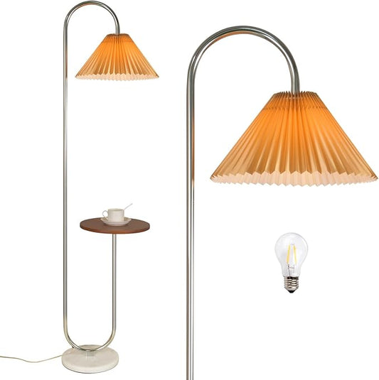 beaysyty Modern Elegant with Tray Floor Lamp for Office Cafe Den Living Room Bedroom, Foot Switch and Chrome Finish, Orange Pleated Cloth Lampshade