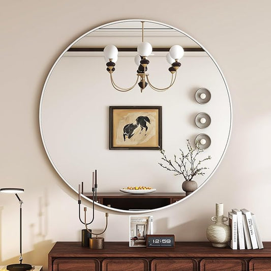 White Round Mirror, 24 Inch Bathroom Mirror with Metal Frame, Wall Wall-Mounted for Entryway, Bathroom, Vanity, Living Room