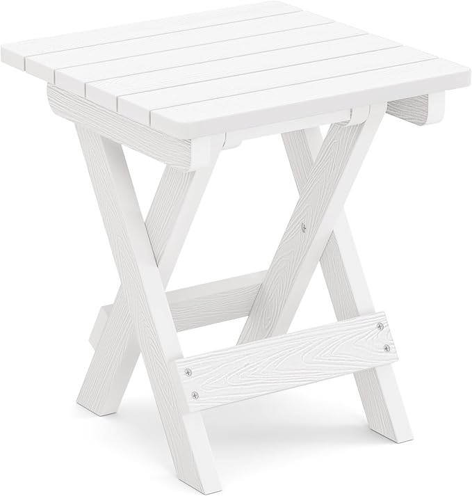LUE BONA Small Outdoor Folding Side Table, Indoor Shower Bench Stool, HDPS End Table for Bathroom, Patio, Pool, 14 Inch Height, White