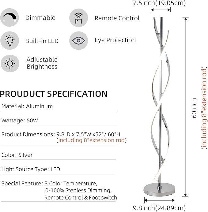 ADISUN 40W LED Modern Floor Lamp Remote Control Dimmable Spiral Floor Lamp Indoor Tall Lamp Floor Lamps for Living Rooms Family Rooms Bedrooms Offices Lighting (Silver)