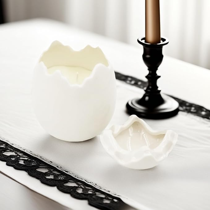 Easter Eggs Scented Candle,Natural Soy Wax, Creative Ceramic Eggshell, Aromatherapy Candle Gift Set, Candlestick Fragrance Gift Decoration (White)