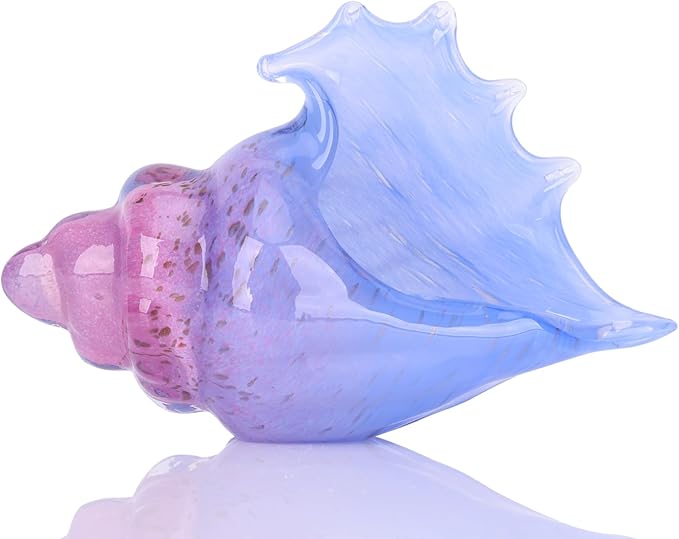 Hand blown glass conch statues, coastal home decor conch corners, glass art conch sculptures, office decor blown glass art, living room table centerpieces, bathroom shelf tops and cabinet decor.