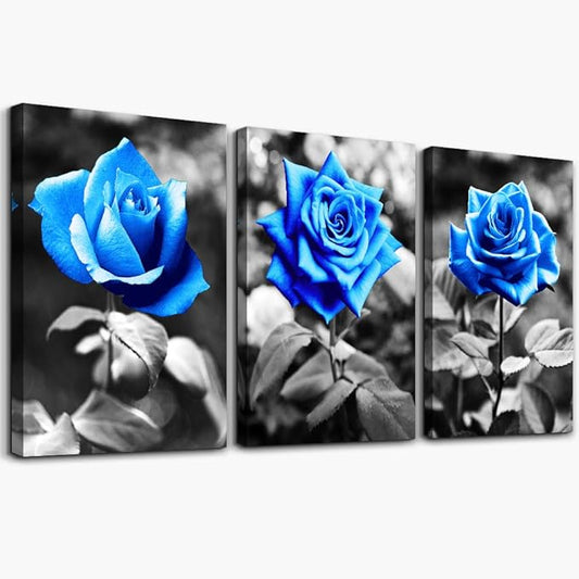 Bedroom Wall Art For Living Room Bathroom Wall Decor For Kitchen Family Pictures Artwork Black And White Blue Rose Flowers Canvas Paintings 20" X 28" 3 Pieces Framed Modern Office Home Decorations