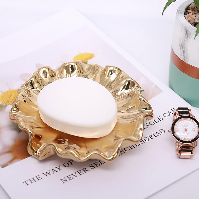 Soap Dish with Drain Ceramic Gold Lotus Leaf Soap Holder Soap Saver for Bar Soap, Kitchen Sink, and Bathroom Shower