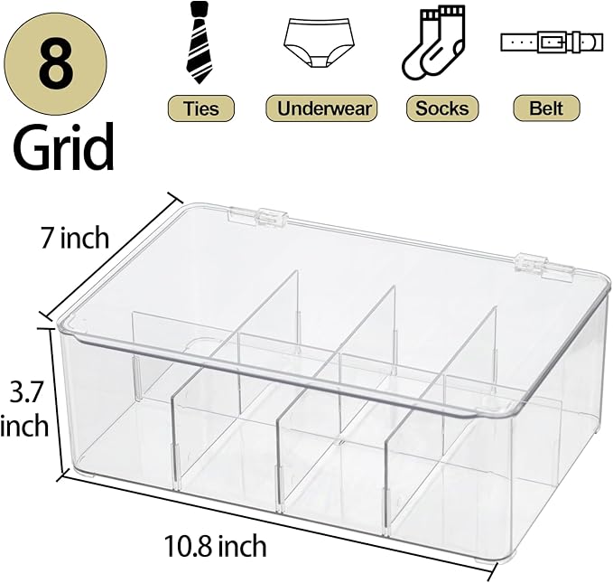 Clear Tea Bag Organizer, Dresser Organizers Drawer Organzier Storage Container with Removable Dividers, Plastic Storage Bin with Lid, Organizer for Scarves Ties Bras