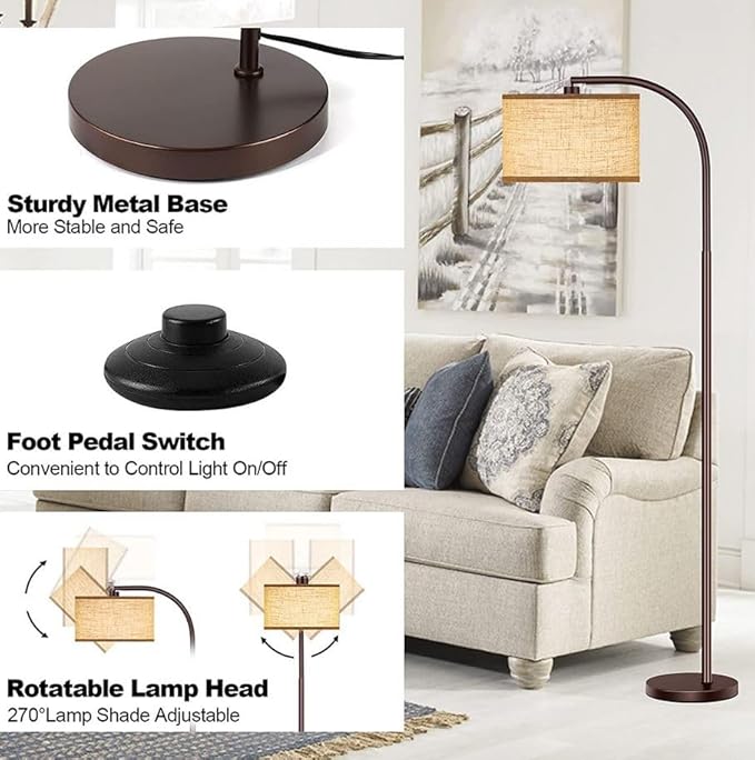 ROTTOGOON Floor Lamp for Living Room with 3 Color Temperatures LED Bulb, Standing Lamp Tall Industrial Floor Lamp Reading for Bedroom, Office (9W LED Bulb, Beige Lampshade Included) -Black
