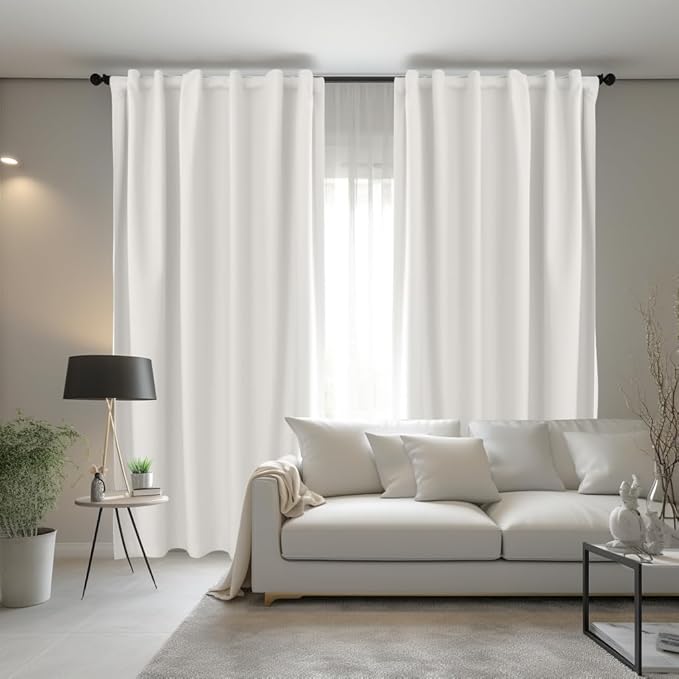 COTTON CRAFT White Curtain Window Panel Drapes - Set of 2 - Thick Cotton Duck Fabric Reverse Tab Top Window Treatment - Bonus Tie Backs - Clean Crisp Elegant Look - Bedroom Living Room - 50 W x 84 L