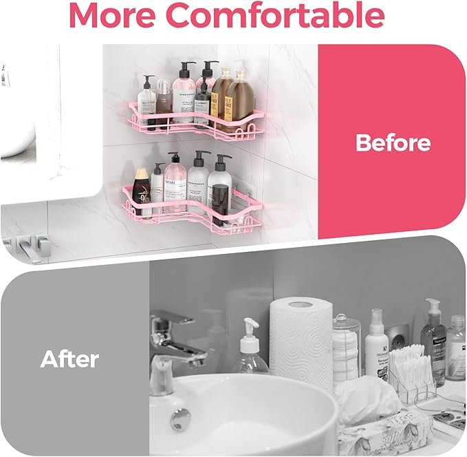 Pink Corner Adhesive Shower Caddy，Rustproof Stainless Steel Corner Shower Shelves for Bathroom Kitchen, No Drilling Wall Mounted Shower Rack for Inside Shower, 3 Pack