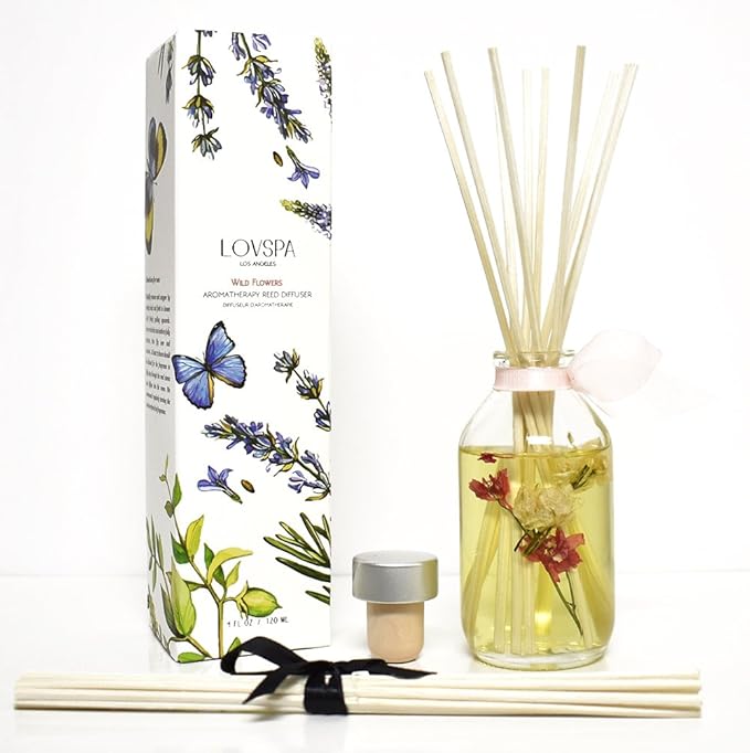 LOVSPA Wild Flowers Reed Diffuser Set - Rose, Jasmine, Sweet Pea & Dark Amber Scent Diffuser - Non-Toxic Oil Reed Diffuser - Made in The USA
