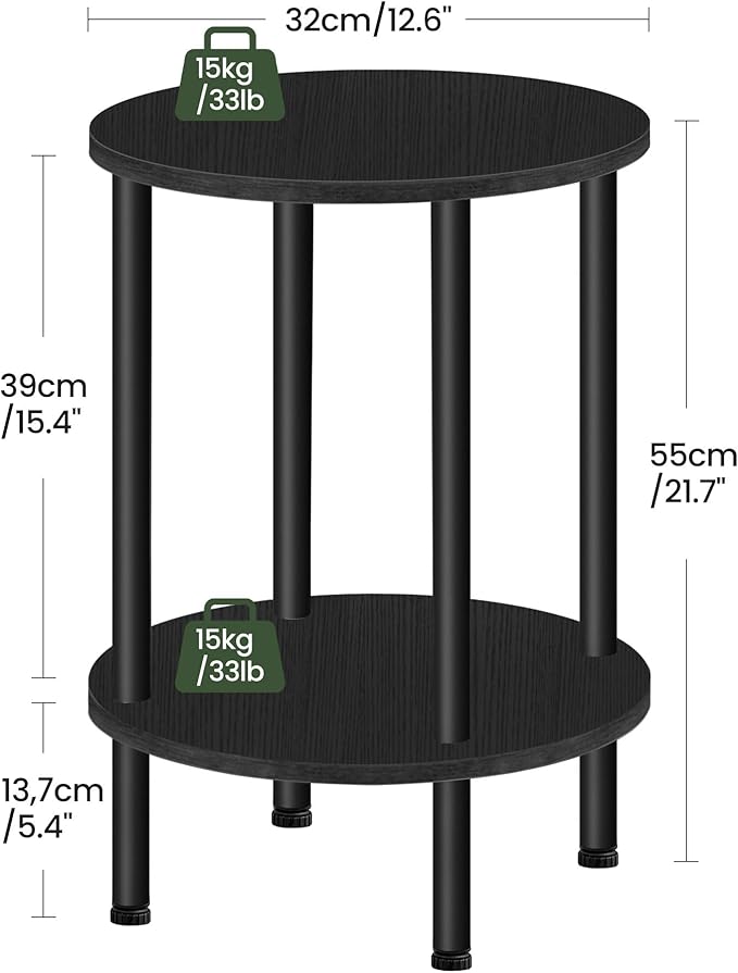 Round Side Table, 2-Tier End Table, Small Round Nightstand with Sturdy Metal Tube, Industrial Coffee Table Round, for Living Room, Bedroom, Black TBZ01BB