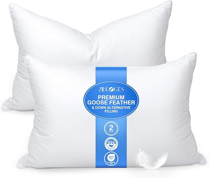Goose Feather Bed Pillow Queen Size Set of 2 - Hotel Down Pillows for Sleeping, Soft 600 Thread Count Cotton Cover, Fluffy Support Surround Fill Polyester for Back, Stomach, Side Sleepers