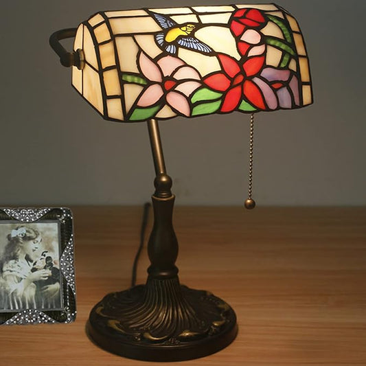 Bird Lamp Tiffany Style Bankers Lamp Table Lamp Stained Glass Bird Flower Lamp Shade Piano Desk Lamp Vintage Bedroom Bedside Lamp for Livingroom Office Study,Antique Alloy Base,Zipper Switch,A bird