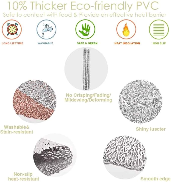 GIVERARE Placemats Set of 4, Round Heat-Resistant Vinyl Placemat, 15 inch Non-Slip Washable PVC Table Mat, Easy to Clean Premium Plastic Mats for Dining, Kitchen Table (Bright Silver)