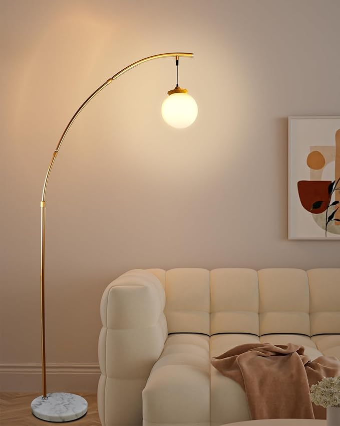 Lightdot Gold Modern Floor Lamp for Living Room, 76Inch Arc Tall Standing Lamp with Marble Base and Globe Bulbs Included, 3000K Warmwhite Modern Mid Century Floor Lamp for Bedroom & Home Office