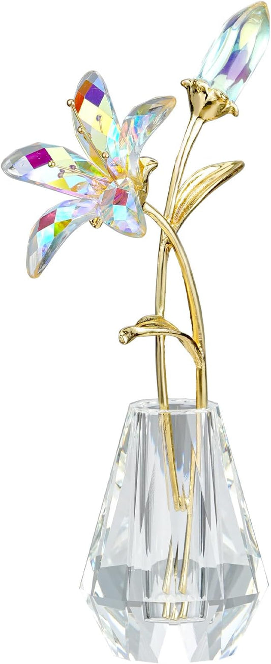 Crystal Lily Figurine, Glass Flowers with Stem,Flower Collectible Gifts for Woman, Wedding Party Decor(Transparent)