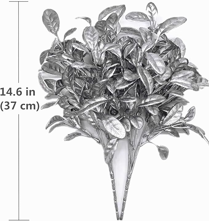 CATTREE Fake Silver Plants for Christmas Decor, Artificial Plant Plastic Grass Faux Leaves Shrubs Simulation for Indoor Outdoor Home Party Hall Office Table Décor Planter Filler - 3 Pack