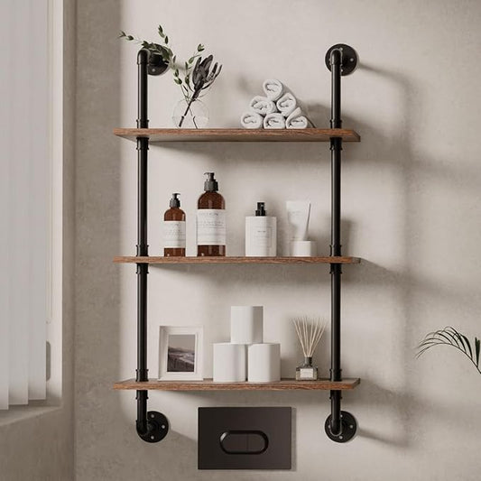 3 Tier Industrial Pipe Shelf Hanging Bookshelf,Industrial Wall Shelves Floating Shelves,Wall Mounted Rustic Wood Pipe Shelving for Kitchen Office Bathroom