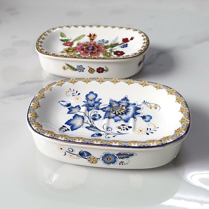 Self Draining Soap Dish, Double-Layer Bar Soap Tray, White Ceramic Soap Dish with Elegant Patterns (Style E)