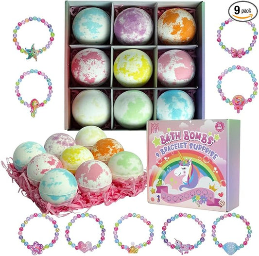 Bath Bombs for Kids Girls, KAV Surprise Bracelet Inside 9 Pcs Natural Organic Fizzy Unicorn Bathbombs, Princess Fun Bubble Kit Bath Bomb, Easter Basket Stuffers Girls, Multicolor