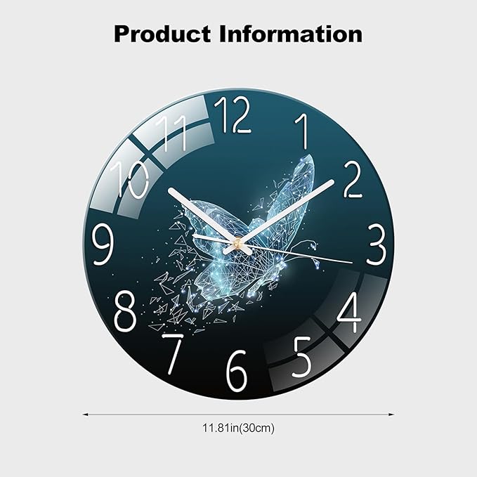 Ergocar Glass Wall Clock Silent Scanning Mechanical Round Glass Wall Clock, Suitable for Living Room, Kitchen, Office.