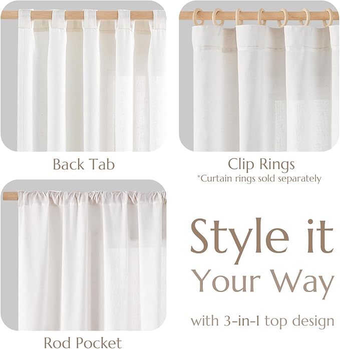 jinchan Linen Curtains 50W x 90L Inch Off White for Living Room Farmhouse Curtains Clip Rings Back Tab Rod Pocket Drapes 4-Panel Set