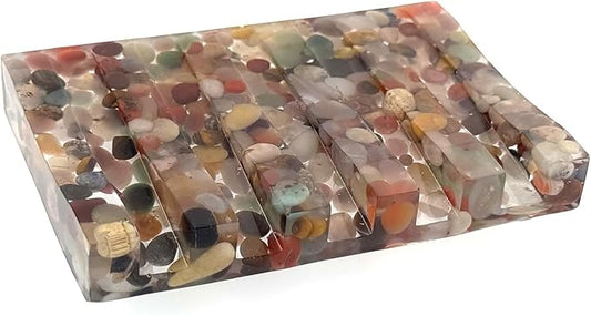 Handmade River Rock Rectangle Bar Soap Holder Stone Pebbles Soap Dish for Shower and Bathroom Decor, Natural Soap Tray to Keep The Soap Dry Resin Kitchen Decoration (Various Agate Drainage)