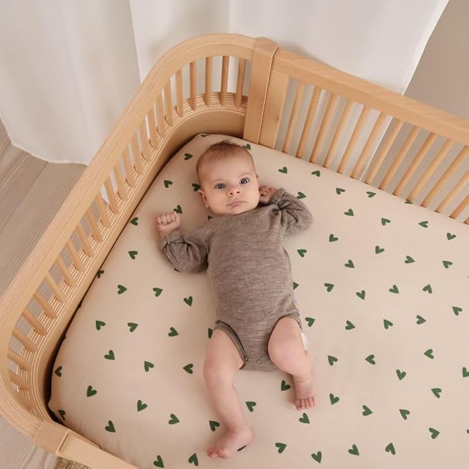 Denmark - Super Soft Muslin Mini Crib Sheets - 24'' x 38'' - 100% Organic Baby Crib Sheets for Boys and Girls (Green Hearts)