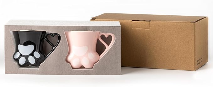 Cat Paw Coffee Mug - Pink and Black Set of 2, Perfect for Cat Lovers, Enjoy Your Coffee with These Cute Cat Paw Mugs, 10oz, Couple&Wedding, Best Festival Gifts(Black&Pink)