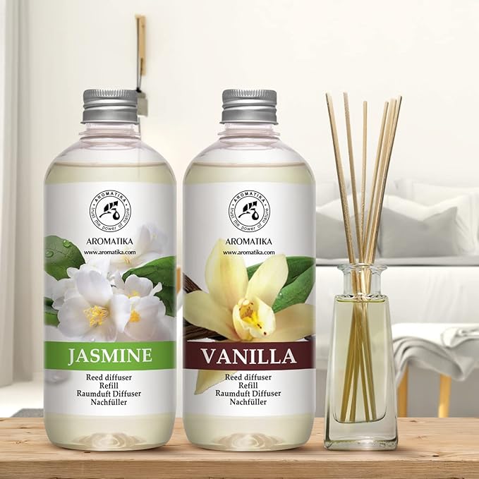 Reed Diffuser Refill Set Vanille & Jasmine with Jasmine Essential Oil 34 Fl Oz - 2 x 500ml - Fragrance Oil Reed Diffuser Refill - Room Freshener - Floral Fragrance