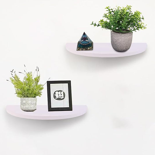 Small Floating Plant Shelves Set of 2 - Rustic Wood Half Circle Shelves for Bedroom Living Room Bathroom Kitchen Office (White)