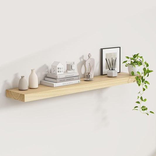 48" Solid Wood Floating Shelves, 9.3 Inch Deep Floating Shelves for Wall, Rustic Wooden Shelves for Wall Decor, Large Fireplace Mantel for Storage, Deep Floating Shelf Set of 1, Natural Color