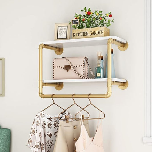 HOMEKAYT 24" Industrial Pipe Shelving Floating Wall Shelves 2 Tier Gold Shelves Multiple Use for Kitchen, Bedroom,Living Room,Bathroom