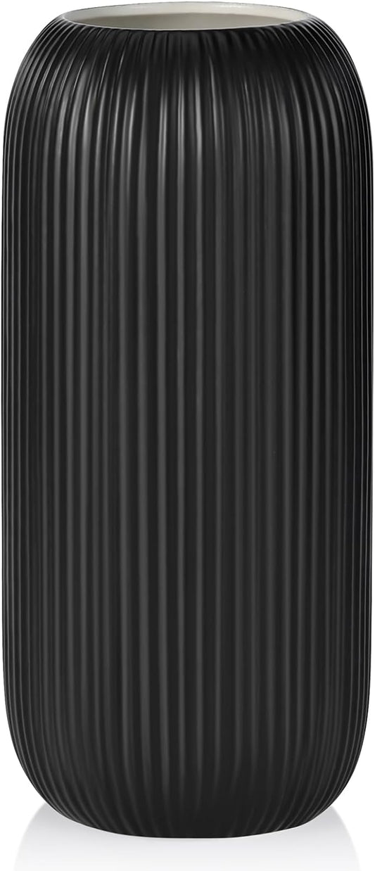 Matte Black Ceramic Vase for Flowers, 8 INCH Modern Small Ribbed Textured Matte Black Flower Vase for Home Decor, Pampas Grass, Decorative, Farmhouse, Coffee Table, Bookshelf and Home Living