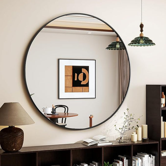 Black Round Mirror, 42 Inch Bathroom Mirror with Metal Frame, Wall Wall-Mounted for Entryway, Bathroom, Vanity, Living Room