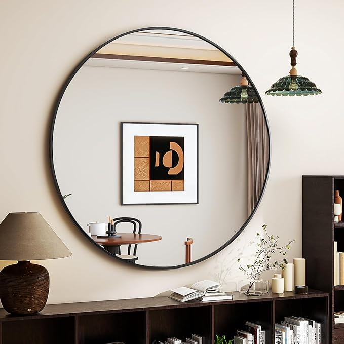 Black Round Mirror, 18 Inch Bathroom Mirror with Metal Frame, Wall Wall-Mounted for Entryway, Bathroom, Vanity, Living Room