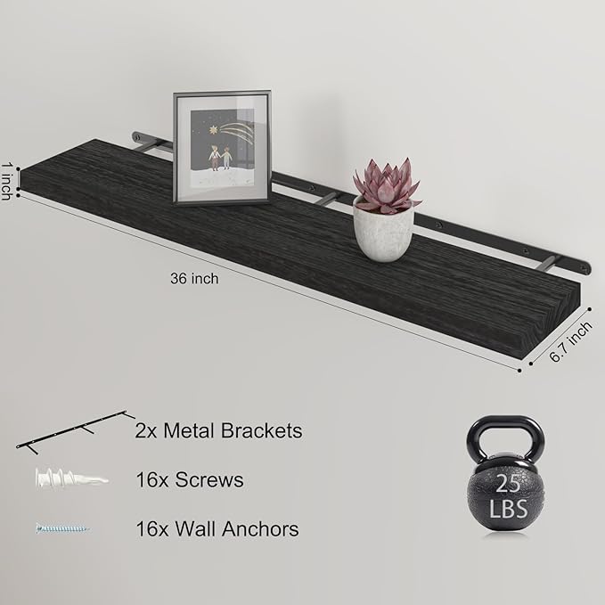 Floating Shelves 36 Inch Wall Shelf Solid Wood Mounted Storage for Bedroom Living Room Set of 2, Black Wall Shelves