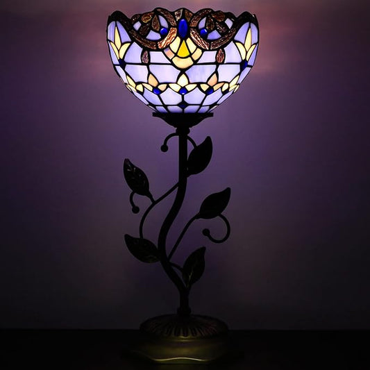 Small Tiffany Lamp Stained Glass Table Lamp Uplight Accent Lamp with Metal Leaf Base Blue Baroque Style Desk Light 8X19 Inch for Home Office Living Room Bedroom