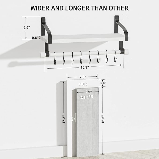 Love-KANKEI Floating Shelves for Coffee Bar,Bathroom Shelves with Wood Bar, Wall Shelves with 8 Hooks for Kitchen, 17.3 Inch Storage Shelves Set of 2 for Bedroom,Living Room，White