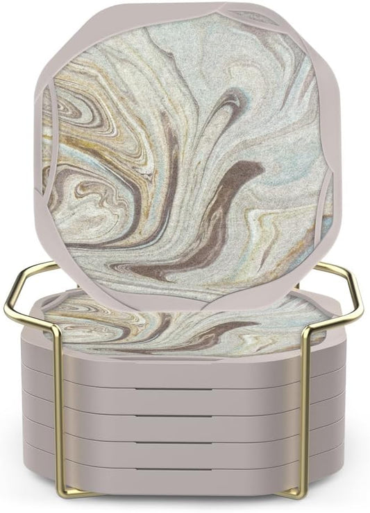 UMIRRO Absorbent Coasters for Drinks with Gold Holder, Silicone Cup Coaster with Felt Insert for Coffee Table Decor, Small Birthday Gift Ideas for Men Dad Him Women Mom Her, 4" Marble Style, Set of 6