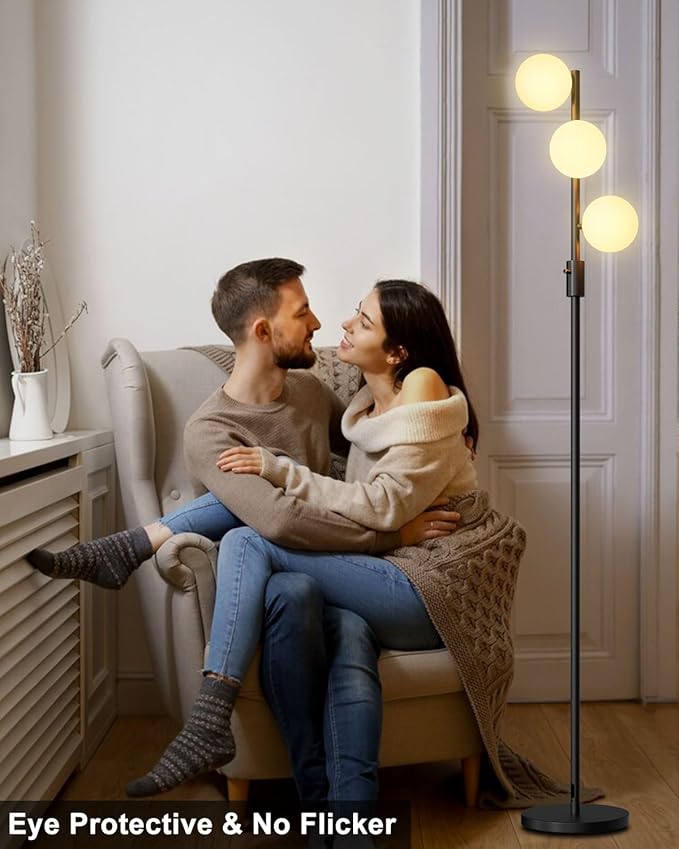 64IN Dimmable Black Floor Lamp, Tall Standing Lamps with 3 Globe Soft Warm White Eye Care 3000K G9 Bulbs, Mid Century Modern Floor Lamp for Living Room Bedroom Office