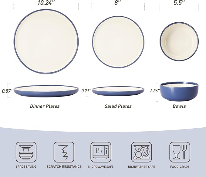 Famiware Lake MacDonnell Plates and Bowls Set for 4, 12 Pieces Dinnerware Sets, Handcrafted, Stoneware Dishes Set, Blue and Beige