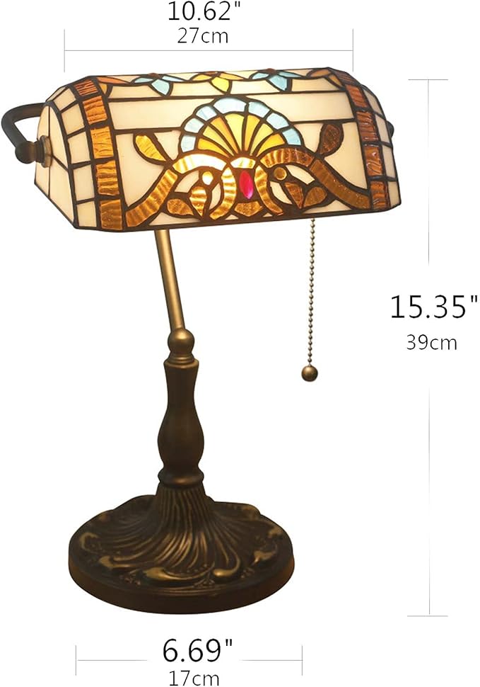 Tiffany Style Bankers Table Lamp Stained Glass Piano Desk Lamp Vintage Bedroom Bedside Lamp for Study,Antique Alloy Base,Zipper Switch,Green Baroque a