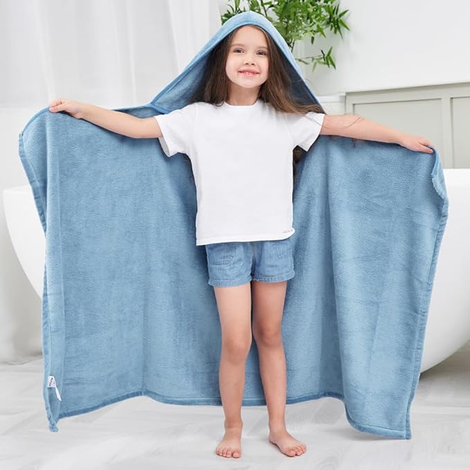 Hiturbo 2Pcs Kids Fleece Hooded Towel: Soft Plush Warm Blanket - 50"x30" Pool Beach Bath Swim Towel Wrap for 3-12 Yrs (Navy+Blue)